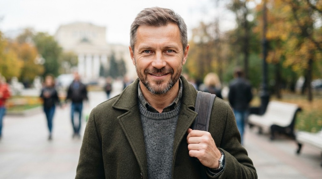 Zreo, elegantan i vitalan muškarac u šetnji gradom
